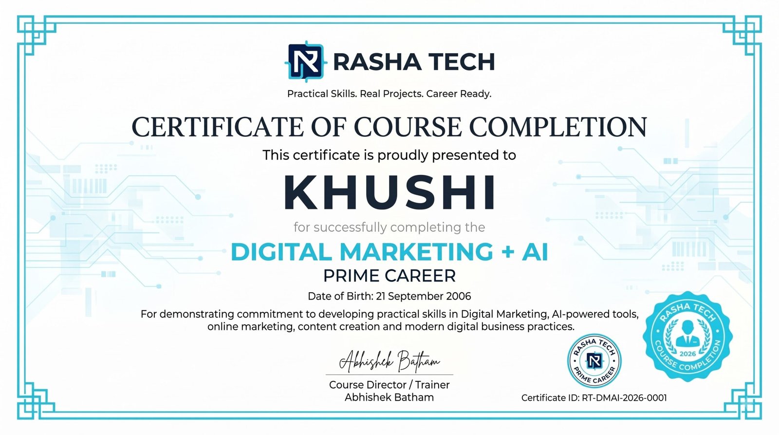 Rasha Tech Digital Marketing with AI course completion certificate